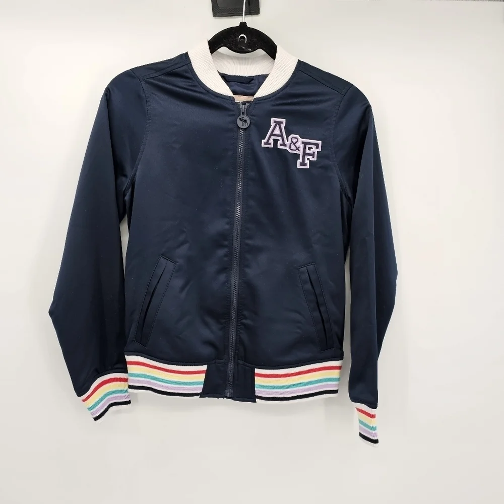 Abercrombie kids unicorn satin rainbow trim jacket girls size 11/12